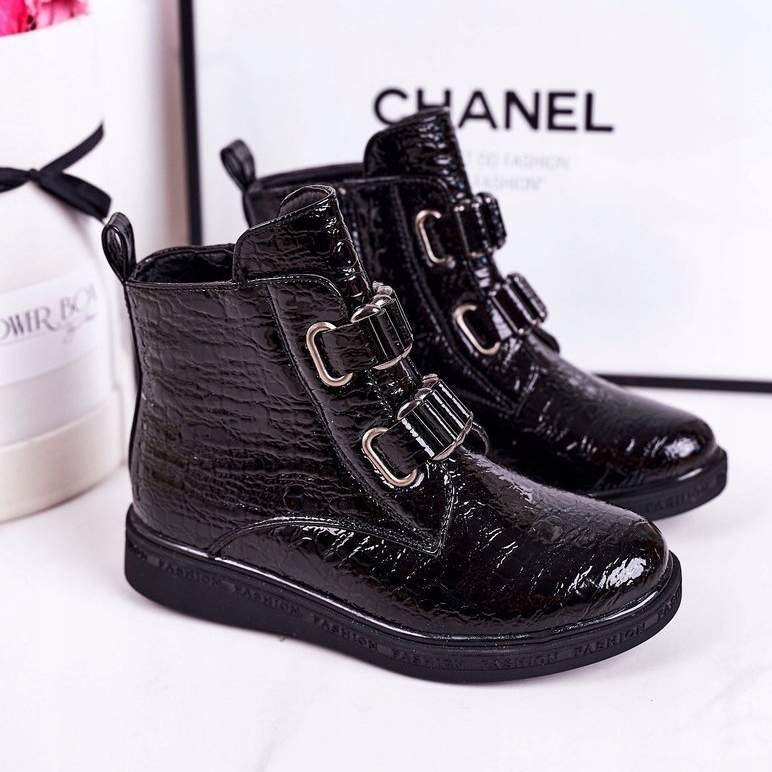 PL1 Dziecięce Ocieplane Botki Lakierowane Czarne Wzór Zwierzęcy Maya 1