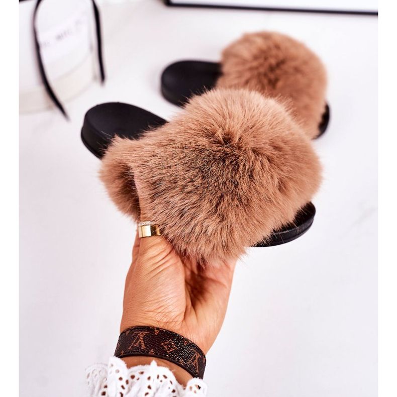 Dziecięce Klapki Z Futerkiem Jasny Brąz Fashionista brązowe 2