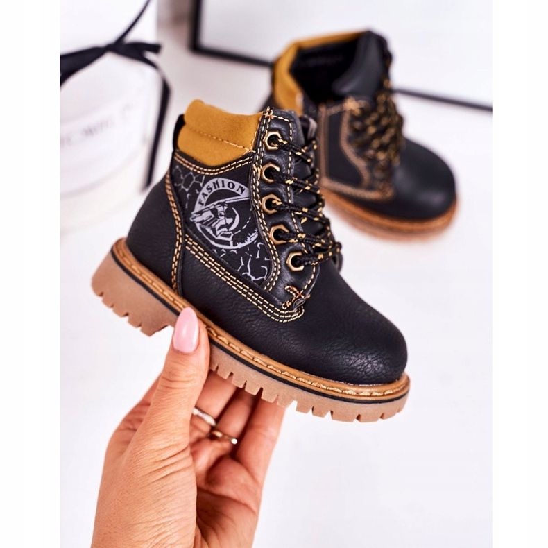 PL1 Dziecięce Ocieplane Botki Traperki Na Gumowej Podeszwie Czarne Bobby pomarańczowe 2