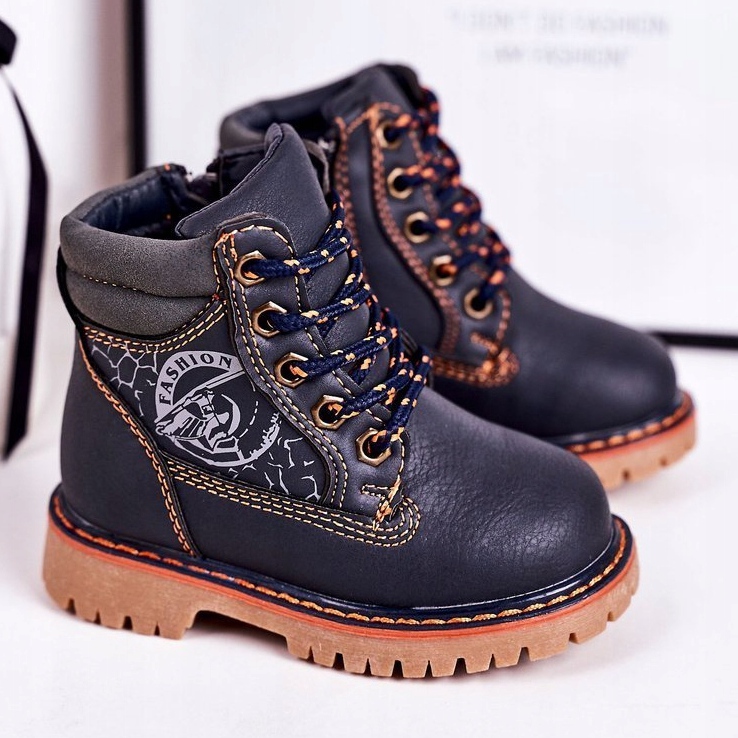 PL1 Dziecięce Ocieplane Botki Traperki Na Gumowej Podeszwie Granatowe Bobby pomarańczowe 1