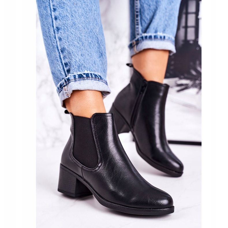 Damskie Ocieplane Botki Sztyblety Na Obcasie Czarne Forevermore 2