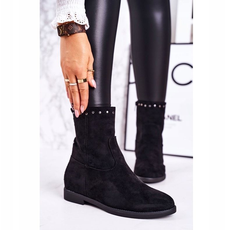 PJ1 Damskie Ocieplane Botki z Dżetami Zamszowe Czarne Performance 1