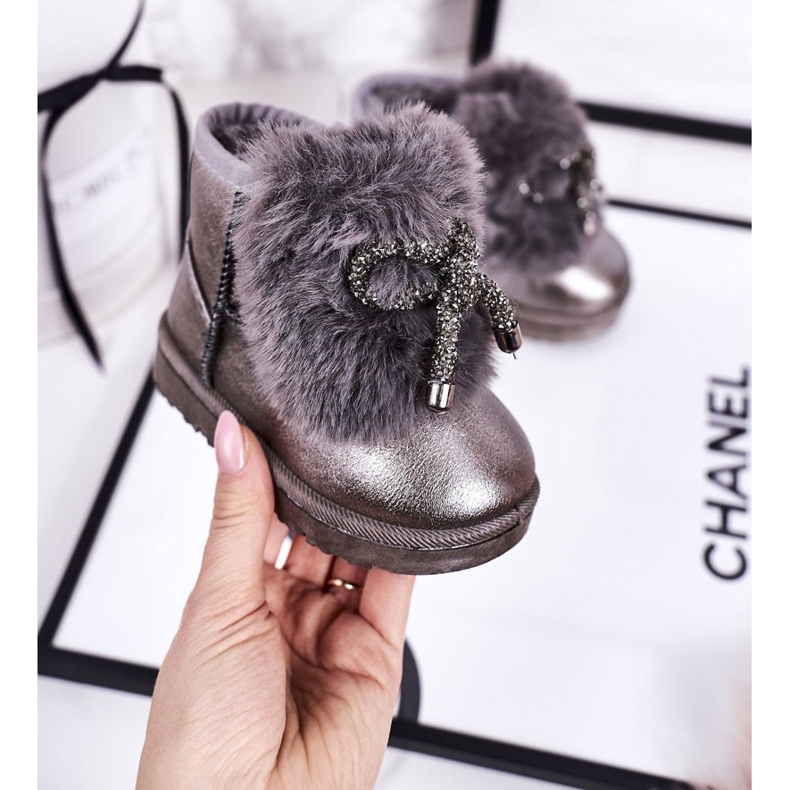 Dziecięce Śniegowce Ocieplane Futerkiem Ciemno Szare Aurora 1