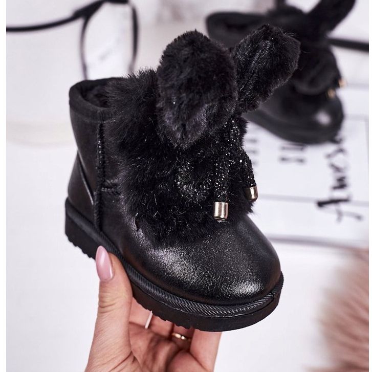 Dziecięce Śniegowce Ocieplane Futerkiem Z Uszami Czarne Bunny 1