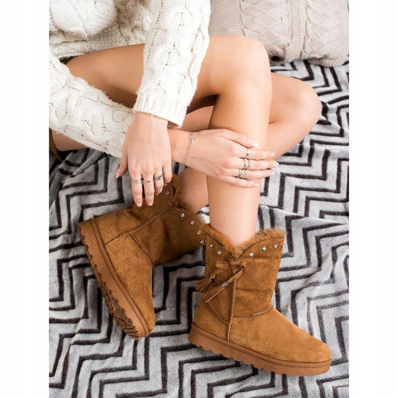 SHELOVET Camelowe Mukluki Z Cyrkoniami brązowe 1