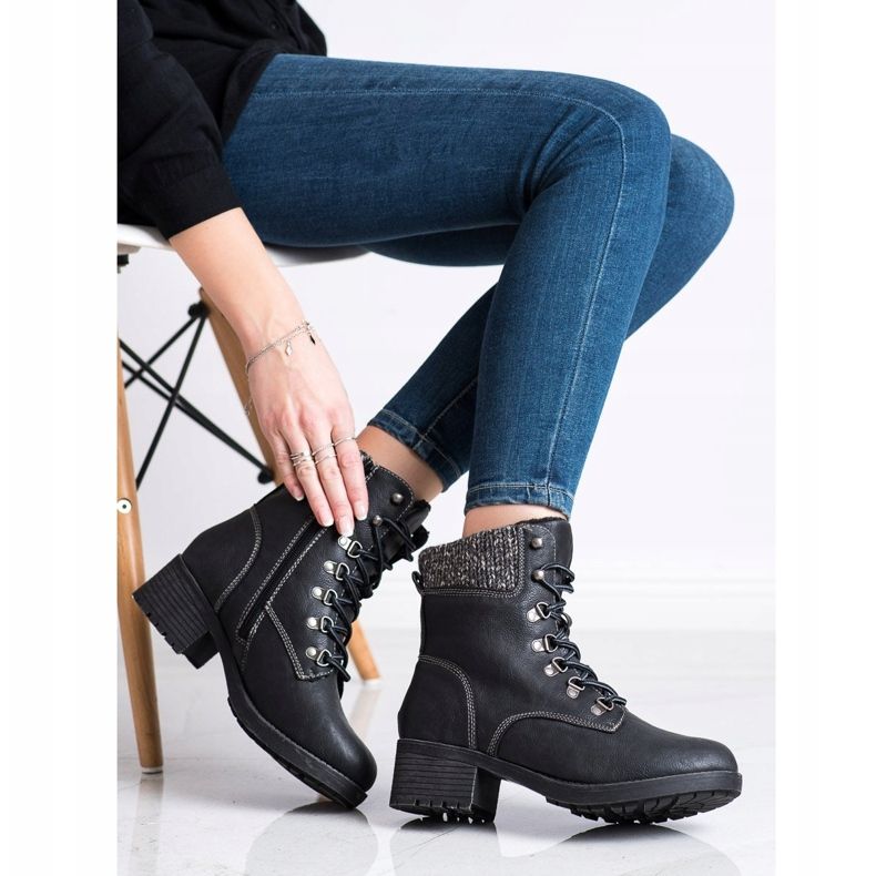 Queentina Ocieplane Botki Na Słupku czarne szare 2