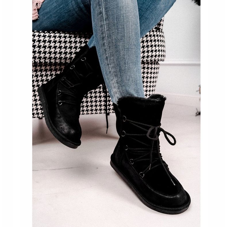 HAN Damskie Botki Śniegowce Ocieplane Futerkiem Czarne Ilana 2