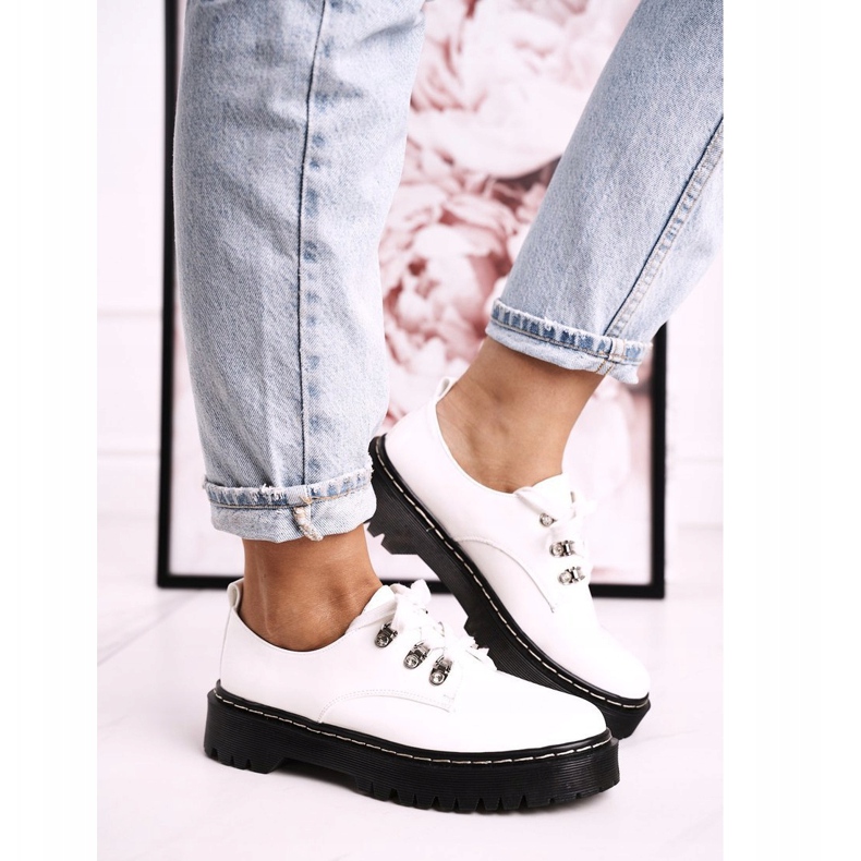 Damskie Półbuty Oxfordy Na Platformie S.Barski HX15 Lakierowane Białe 2