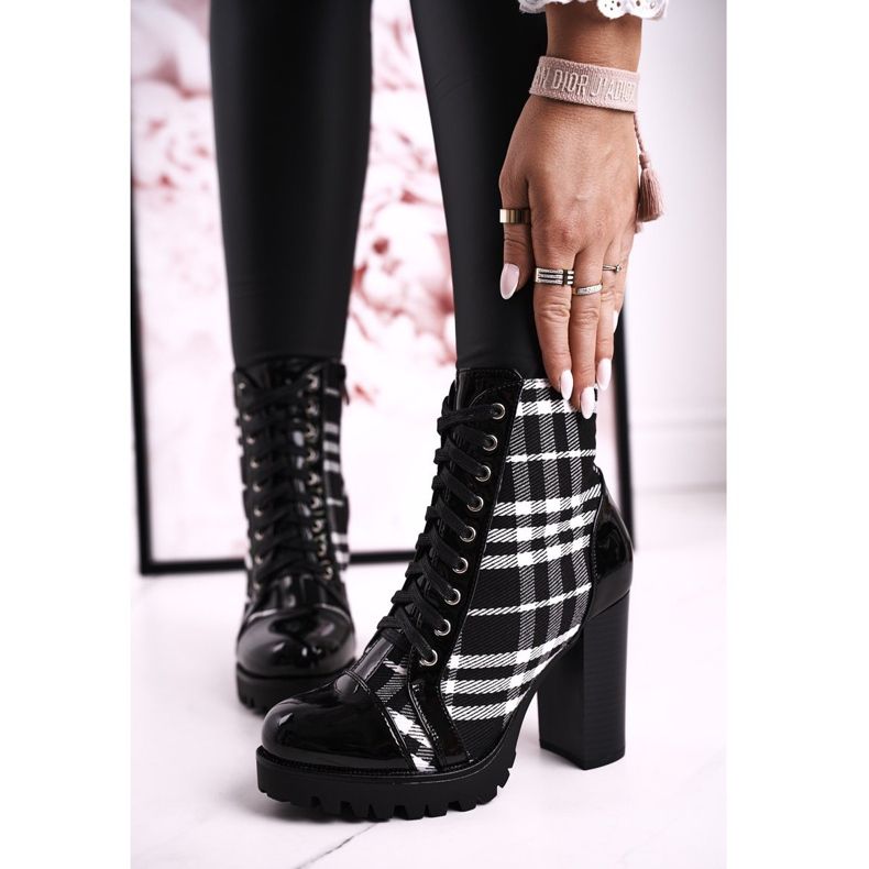 PS1 Damskie Botki Na Słupku W Kratę Czarne Blair białe 1