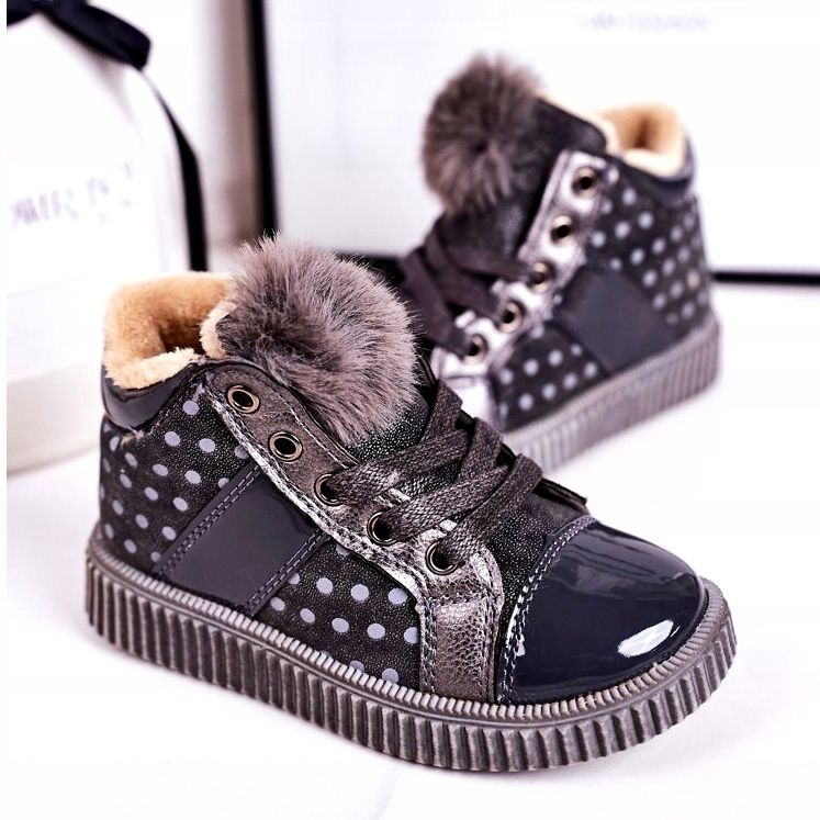 Linshi Dziecięce Ocieplane Botki Trampki W Groszki Szare Anastasia srebrny 2