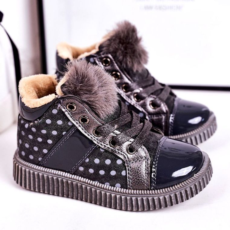 Linshi Dziecięce Ocieplane Botki Trampki W Groszki Szare Anastasia srebrny 1