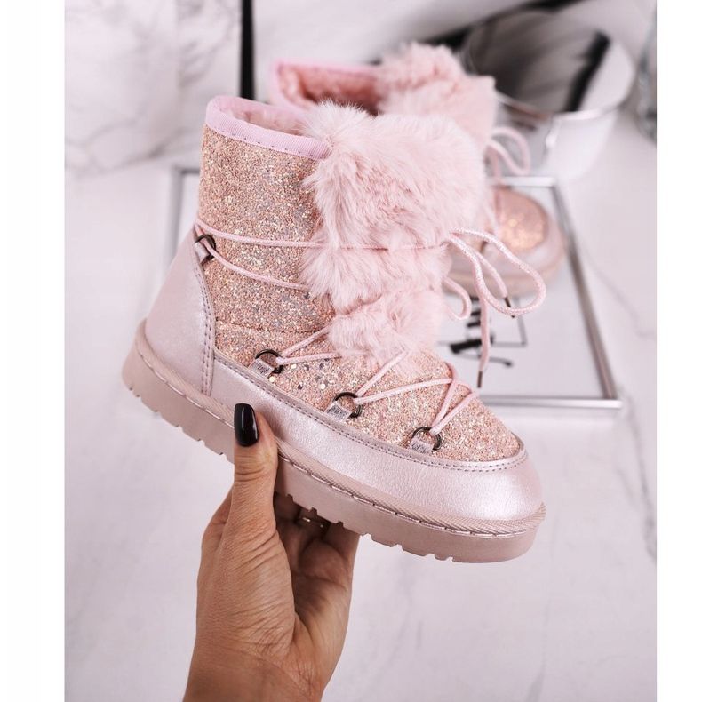 FRROCK Dziecięce Botki Śniegowce Z Futerkiem Pink Minnie Mouse różowe srebrny 2