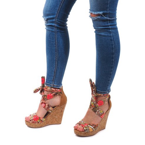 Wiązane Sandały Na Koturnie 3686 Camel brązowe 1