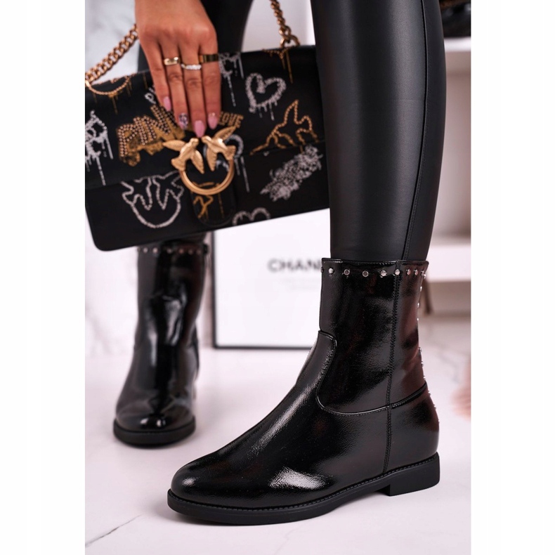 J.STAR But Damskie Ocieplane Botki z Dżetami Lakierowane Czarne Performance 2