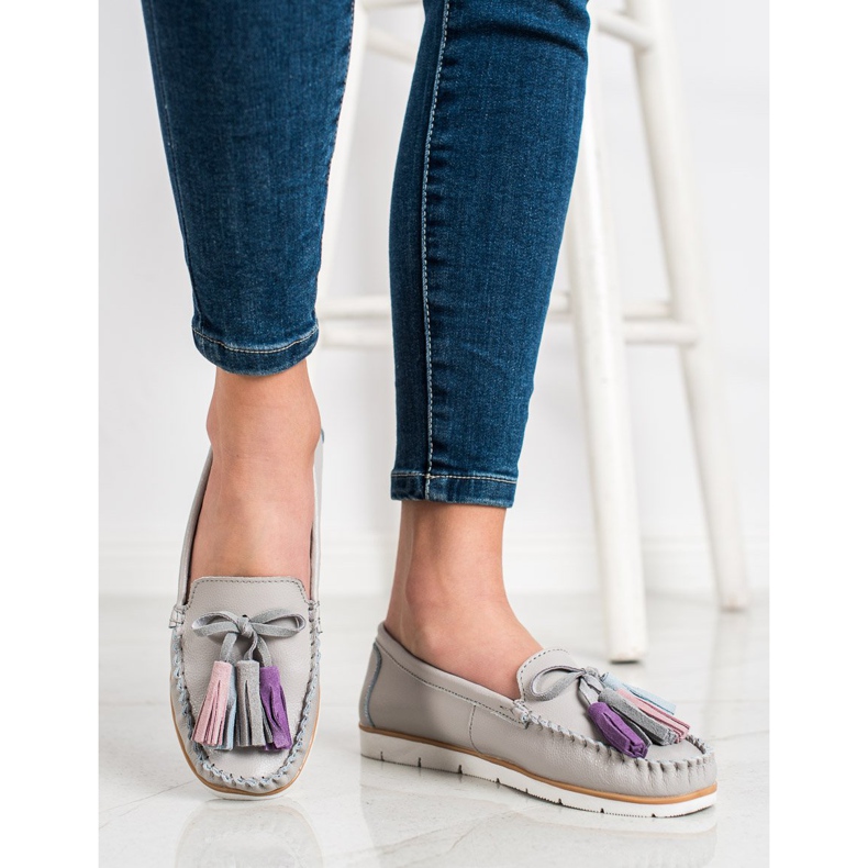 Evento Skórzane Mokasyny Z Frędzlami beżowy 2