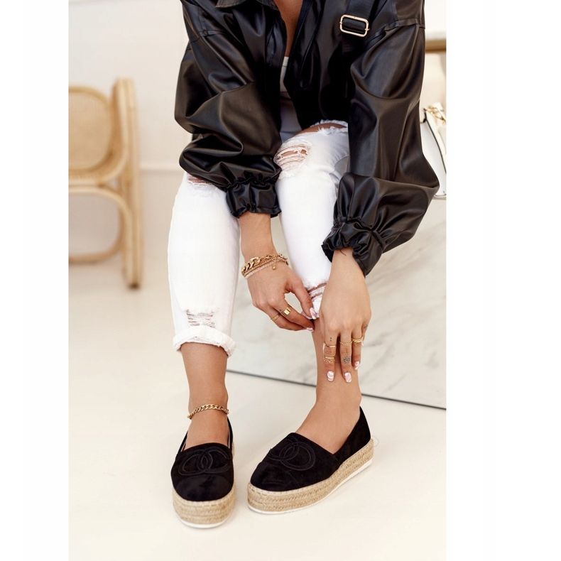 PS1 Damskie Espadryle Na Słomkowej Platformie Czarne Febi 1