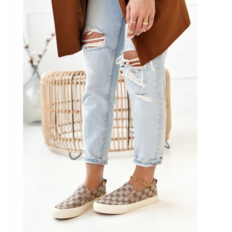 Damskie Logowane Tenisówki Slip-On Khaki Challenge beżowy brązowe 1