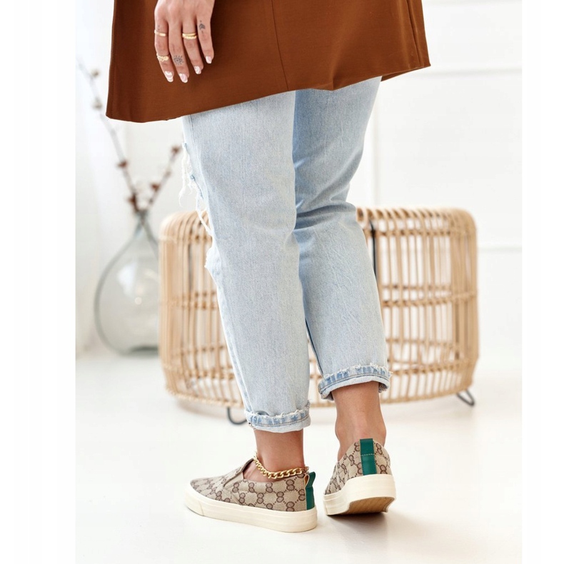 Damskie Logowane Tenisówki Slip-On Khaki Challenge beżowy brązowe 2