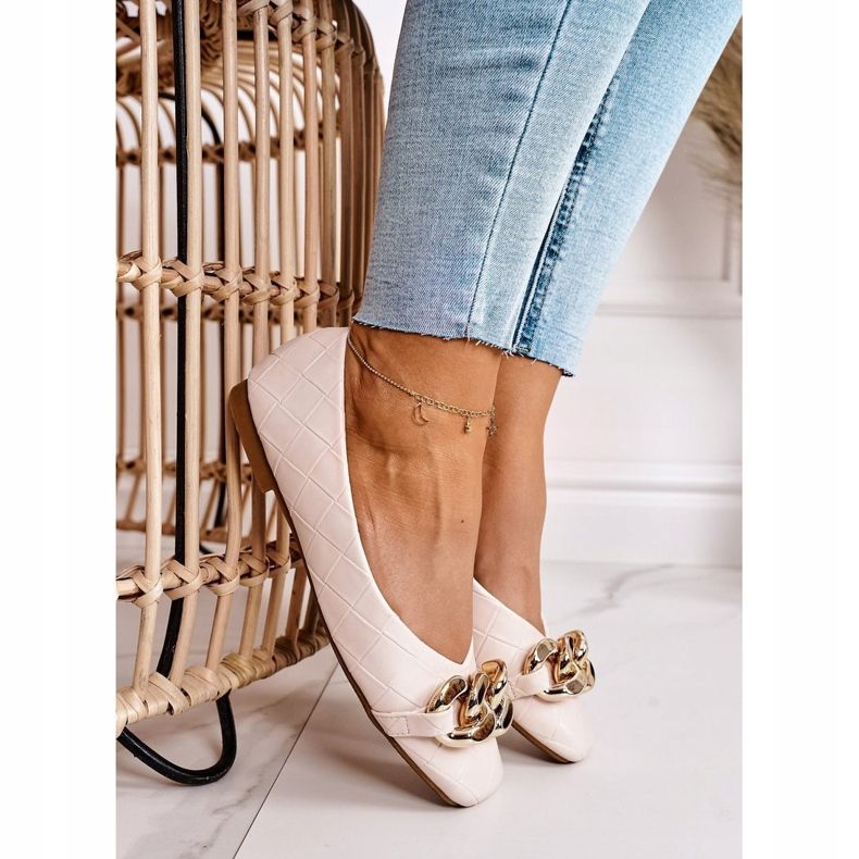 PS1 Eleganckie Pikowane Baleriny Z Łańcuchem Beżowe Coco beżowy 2