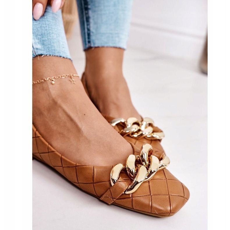 PS1 Eleganckie Pikowane Baleriny Z Łańcuchem Camel Coco brązowe 1
