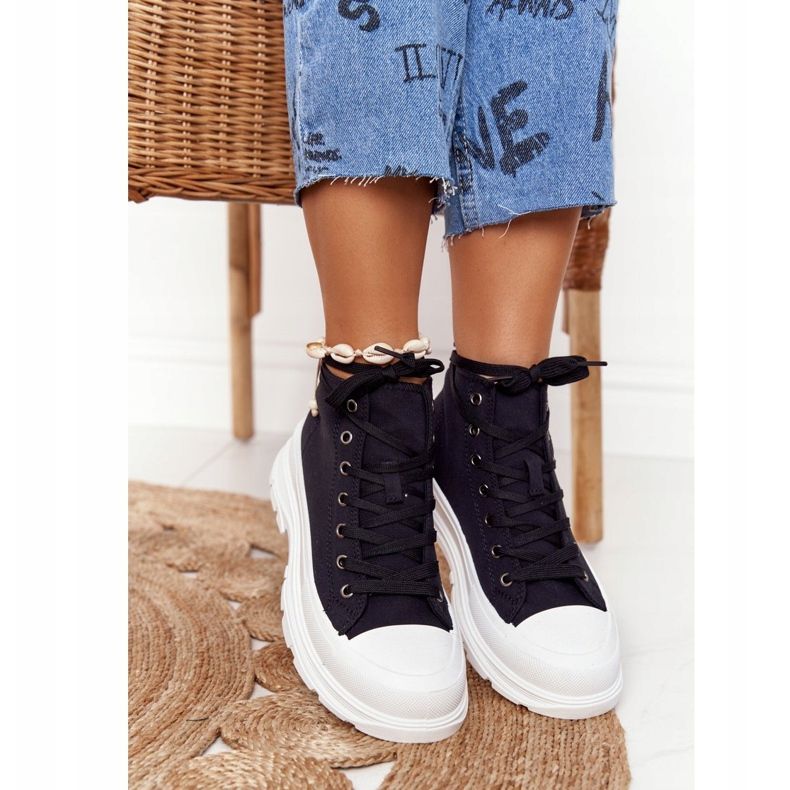 FB2 Damskie Wysokie Trampki Na Dużej Podeszwie Czarne Trissy 2