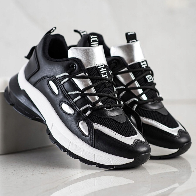 SHELOVET Stylowe Sneakersy Z Eko Skóry czarne srebrny 1