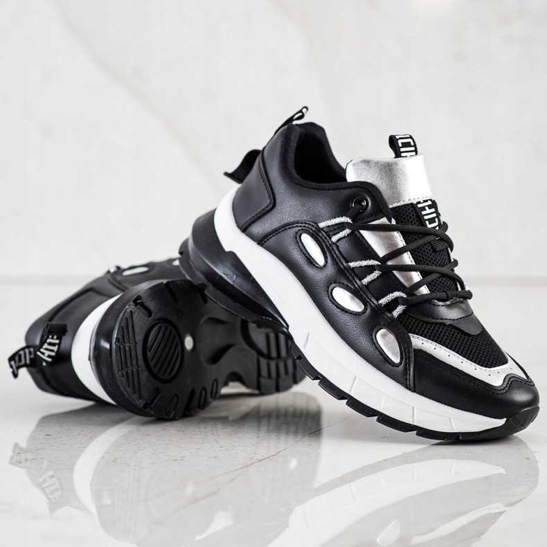 SHELOVET Stylowe Sneakersy Z Eko Skóry czarne srebrny 2