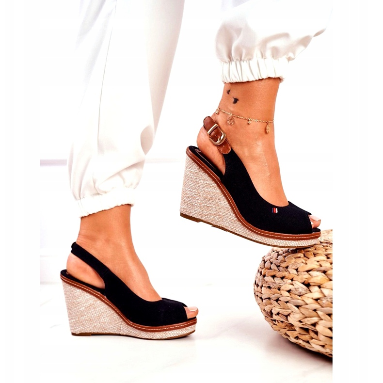 PS1 Sandały Na Plecionej Koturnie Czarne Tommy brązowe 3