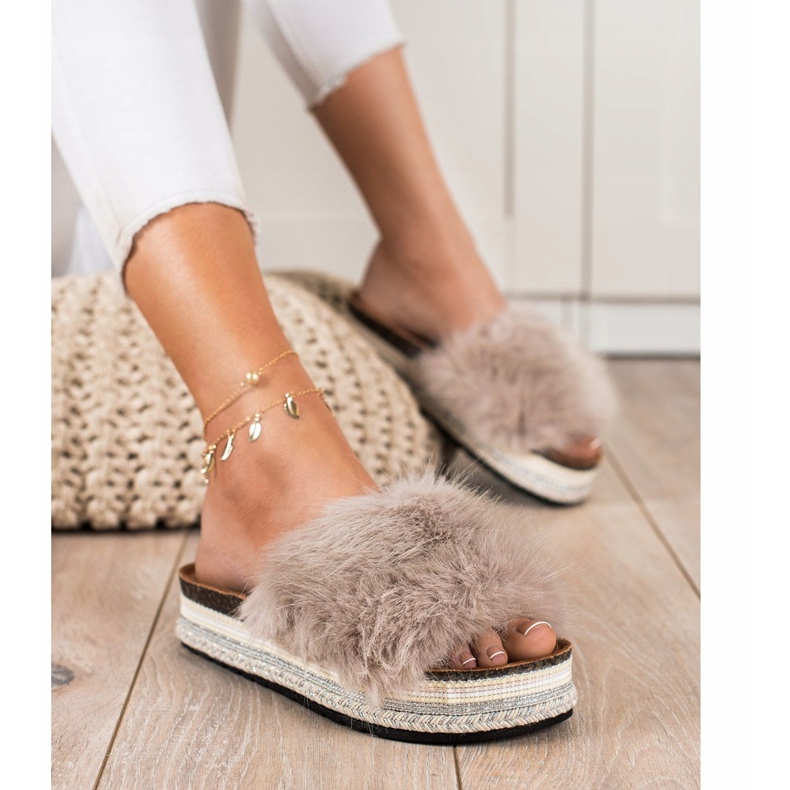 Seastar Modne Klapki Na Ozdobnej Platformie beżowy brązowe 1