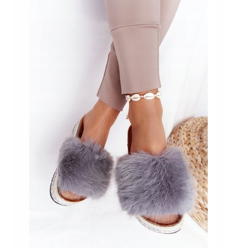 PS1 Klapki Na Platformie z Futerkiem Szare Adventure wielokolorowe 2