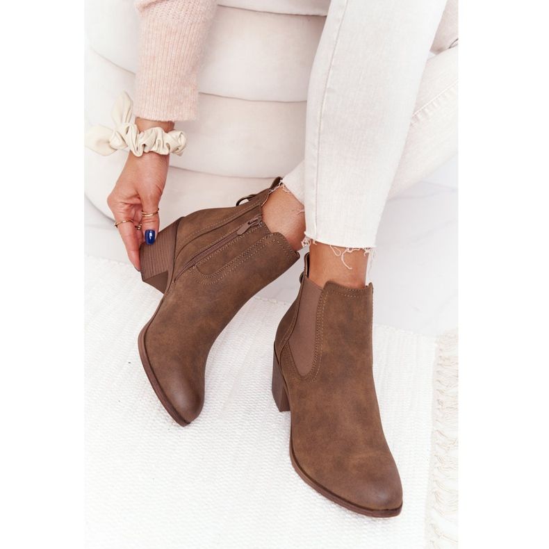 Damskie Ocieplane Botki Sztyblety Na Obcasie Khaki Trinity brązowe 1