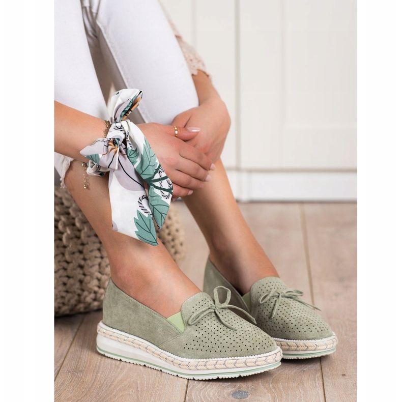 SHELOVET Ażurowe Mokasyny Na Platformie zielone 2