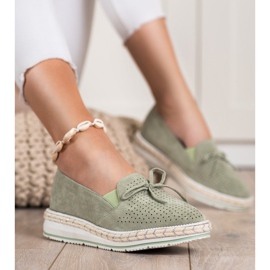 SHELOVET Ażurowe Mokasyny Na Platformie zielone 1