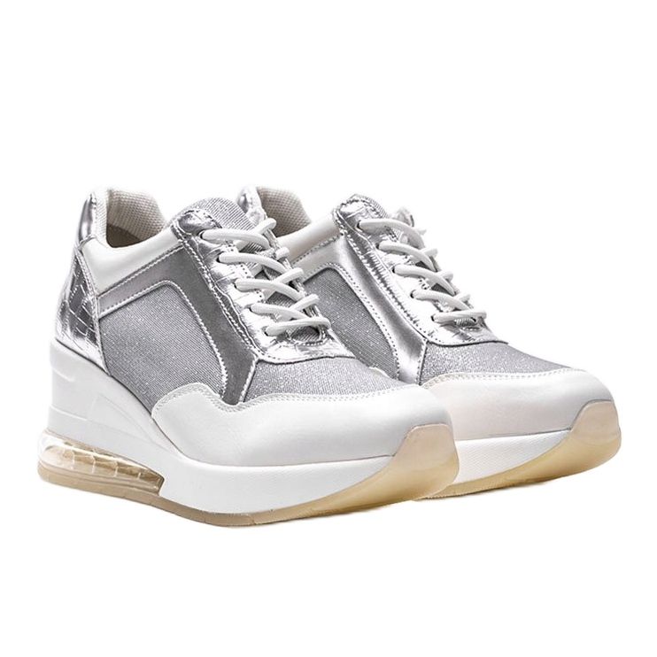 Biało srebrne sneakersy na koturnie Jimena białe 1
