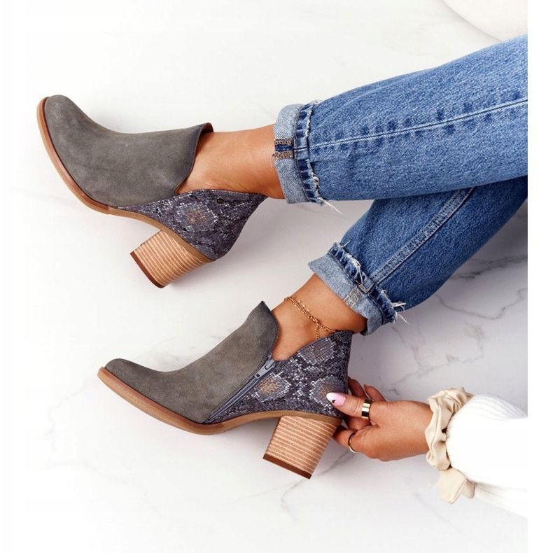 Damskie Skórzane Botki Na Słupku Maciejka Popielate GAD 04492 srebrny szare 1