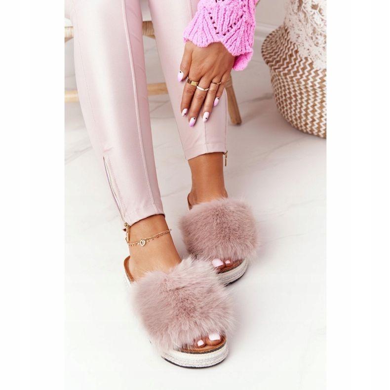 PS1 Klapki Na Platformie z Futerkiem Beżowe Adventure beżowy wielokolorowe 2