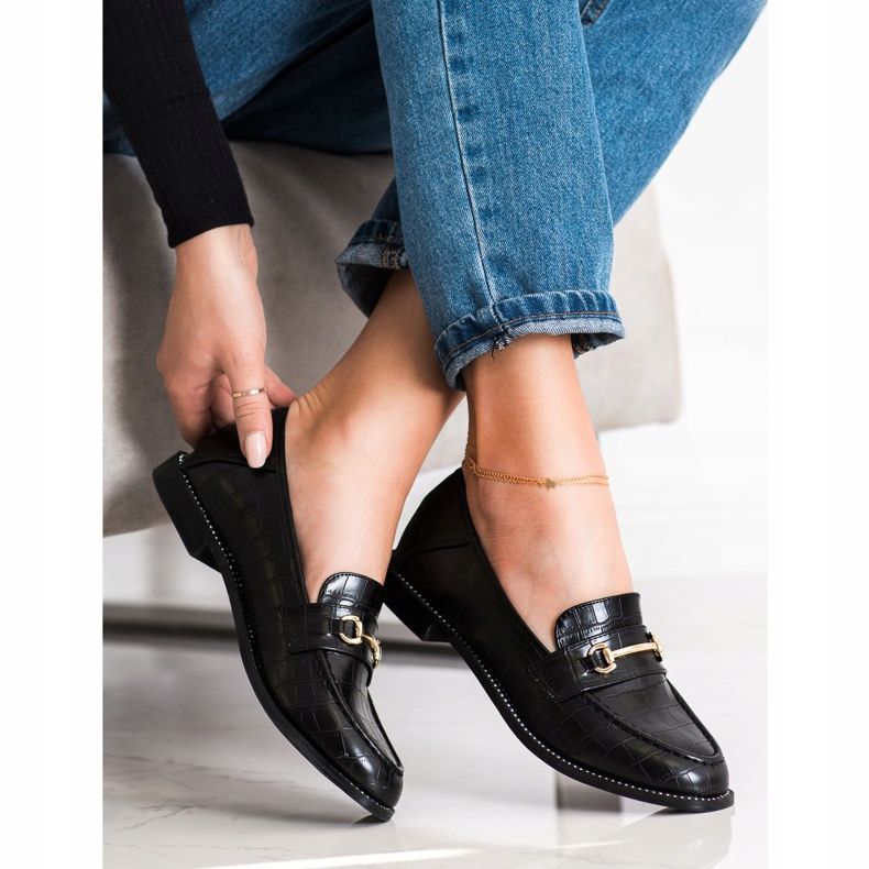 SHELOVET Eleganckie Mokasyny Z Cyrkoniami czarne 1