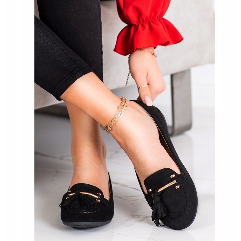 Kayla Modne Mokasyny czarne złoty 1