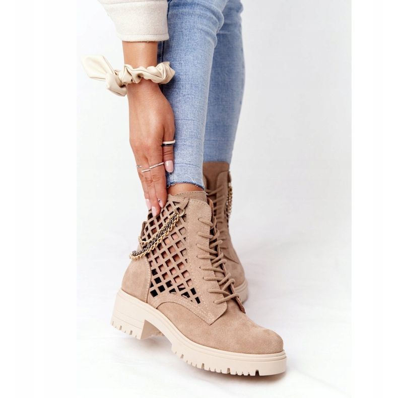 Ażurowe Botki Workery Lewski Shoes 3030-0 Piaskowe brązowe 2