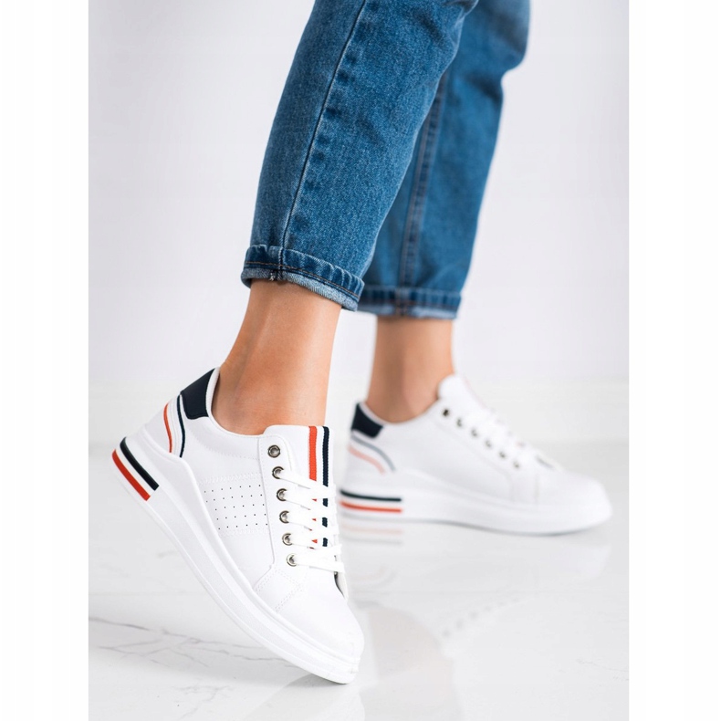 SHELOVET Sneakersy Z Eko Skóry białe czerwone granatowe 1
