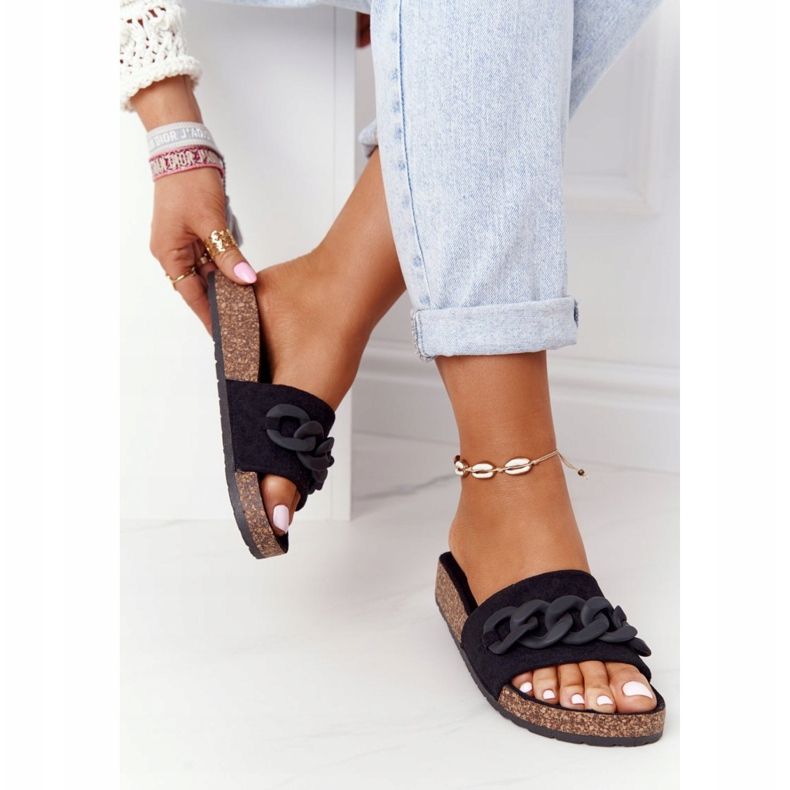 MSMG Zamszowe Klapki Na Korkowej Podeszwie Czarne Makayla 1