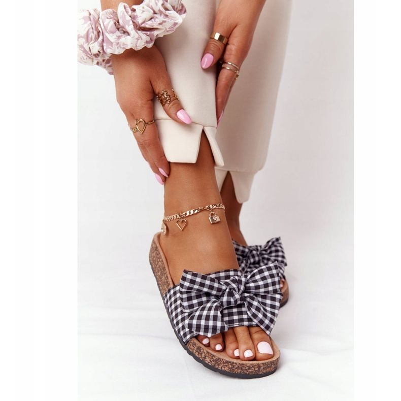 MSMG Klapki Na Korkowej Podeszwie Z Kokardą W Kratę Amara białe czarne 1