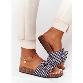 MSMG Klapki Na Korkowej Podeszwie Z Kokardą W Kratę Amara białe czarne 2