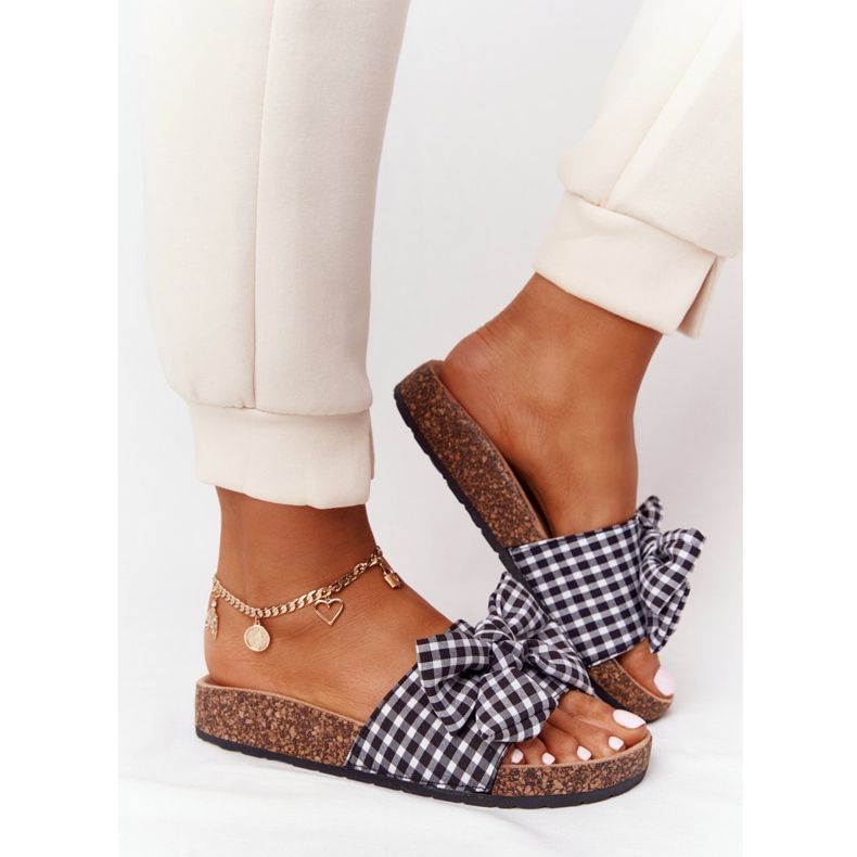 MSMG Klapki Na Korkowej Podeszwie Z Kokardą W Kratę Amara białe czarne 2