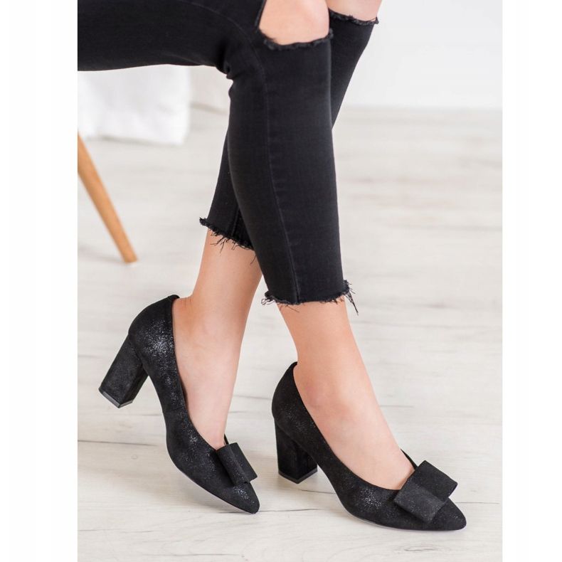 W. Potocki Brokatowe Czółenka Z Kokardą czarne 1