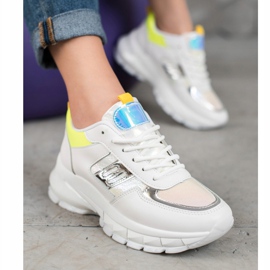 SHELOVET Modne Sneakersy Z Eko Skóry białe srebrny żółte 1