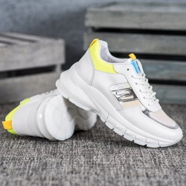 SHELOVET Modne Sneakersy Z Eko Skóry białe srebrny żółte 3