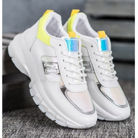 SHELOVET Modne Sneakersy Z Eko Skóry białe srebrny żółte 4