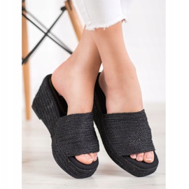 Kylie Modne Klapki Na Koturnie czarne 2