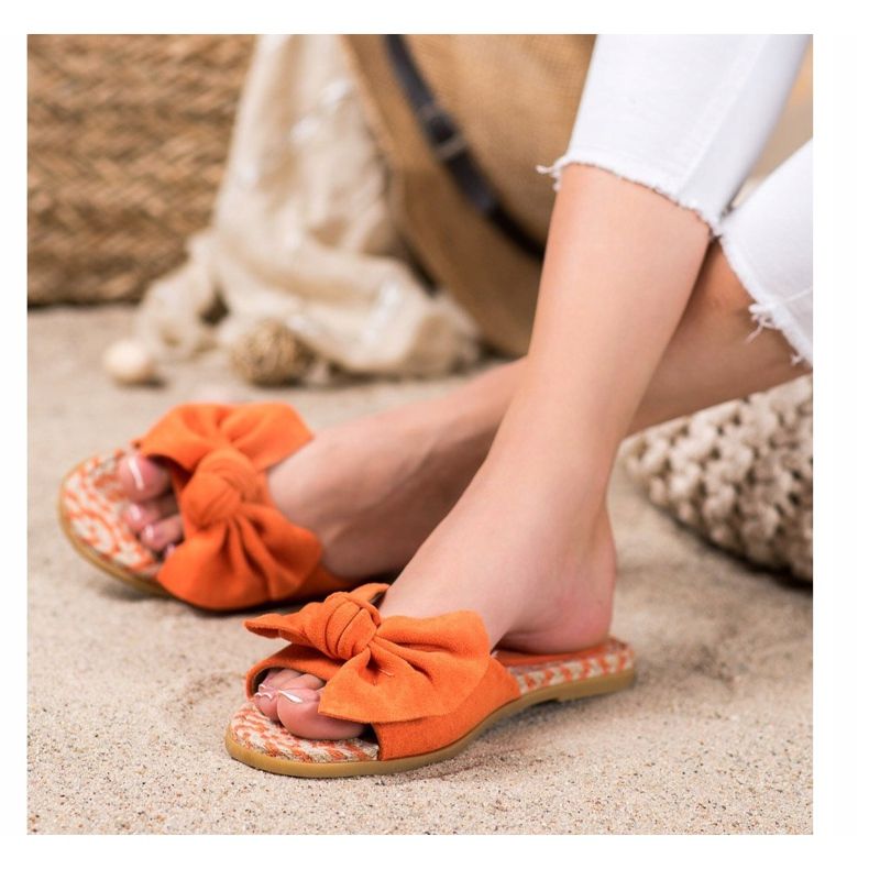Renda Eleganckie Klapki Z Kokardą pomarańczowe 2